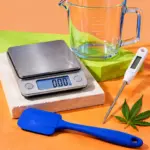 Tall orange graphic showing digital scales, a glass measuring jug, a digital thermometer, a blue silicone spatula and a cannabis leaf. The headline reads “Your DIY Cannabis Skincare Kit”, with a two line strapline and 420formulator.com below.