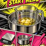 Comic style image of a glass measuring jug warming inside a saucepan, with smaller panels showing digital scales, a saucepan and a pink spatula. Text reads “Cannabis Topicals Start Here”, “Weigh”, “Heat”, “Mix” and “420formulator.com”.