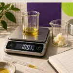 Tall ivory and violet graphic showing a glass beaker of golden oil on digital scales reading 10.01 g, a second beaker with pale butter, a pipette and a notebook. Text reads “DIY Skincare? Weigh Everything”, “The Tools Behind a Repeatable Formula” and “420formulator.com”.