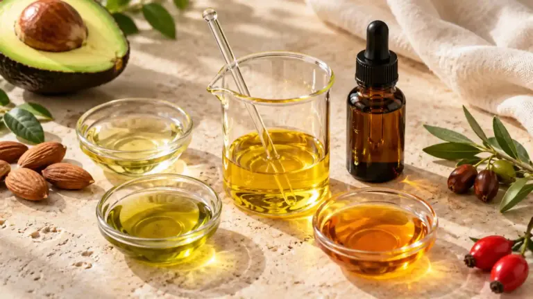 Vegetable oils and botanical ingredients arranged for blending your own facial oil.
